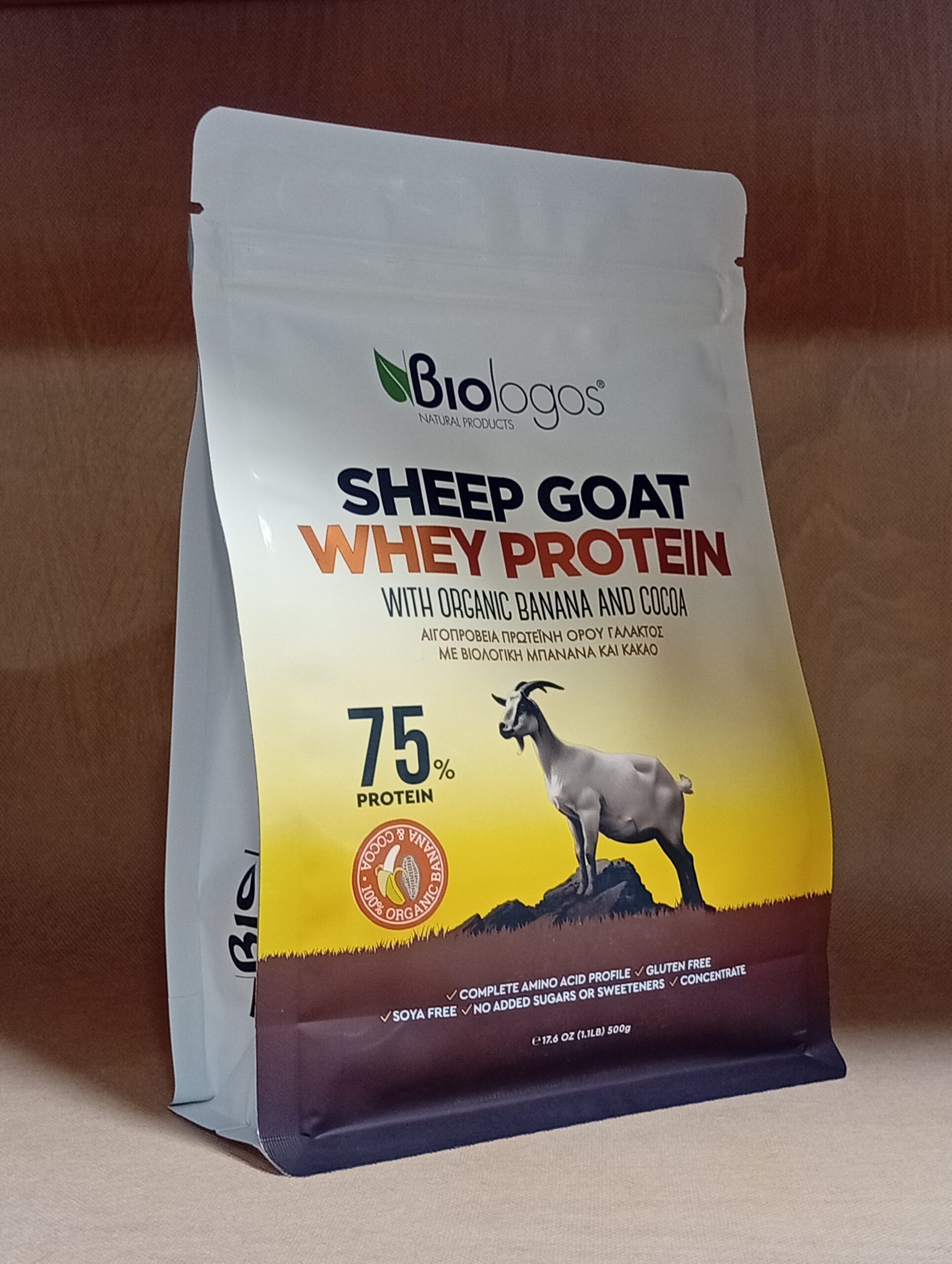 Αιγοπρόβεια Πρωτεΐνη Ορού Γάλακτος (Whey Protein) Μπανάνα-Κακάο, βiologos, 500gr